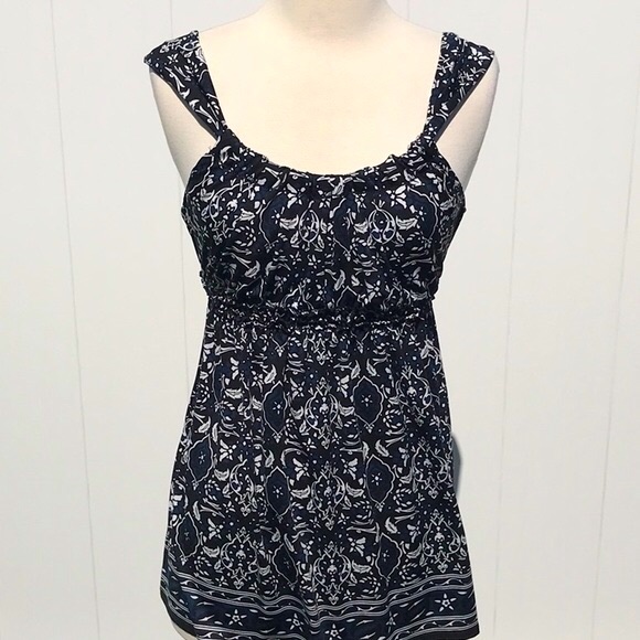 Max Edition Black/White/Blue Empire Waist Sleeveless Floral Print Top Size Med - Picture 2 of 13